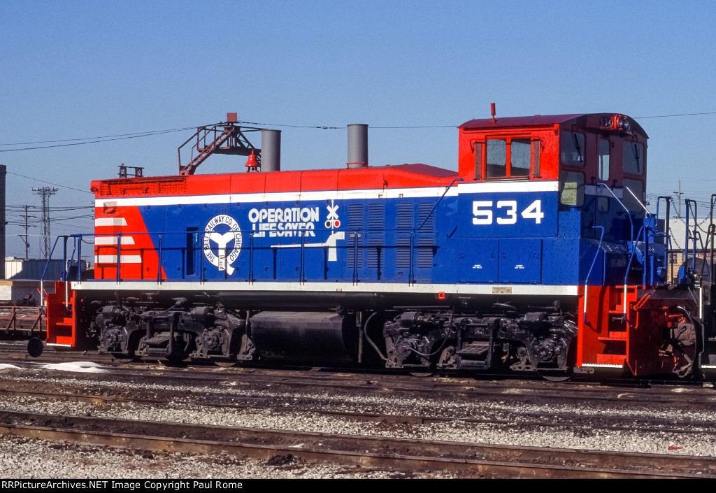 BRC 534, EMD MP15DC, wearing fresh Operation Lifesaver paint scheme, at BRC Clearing Yard